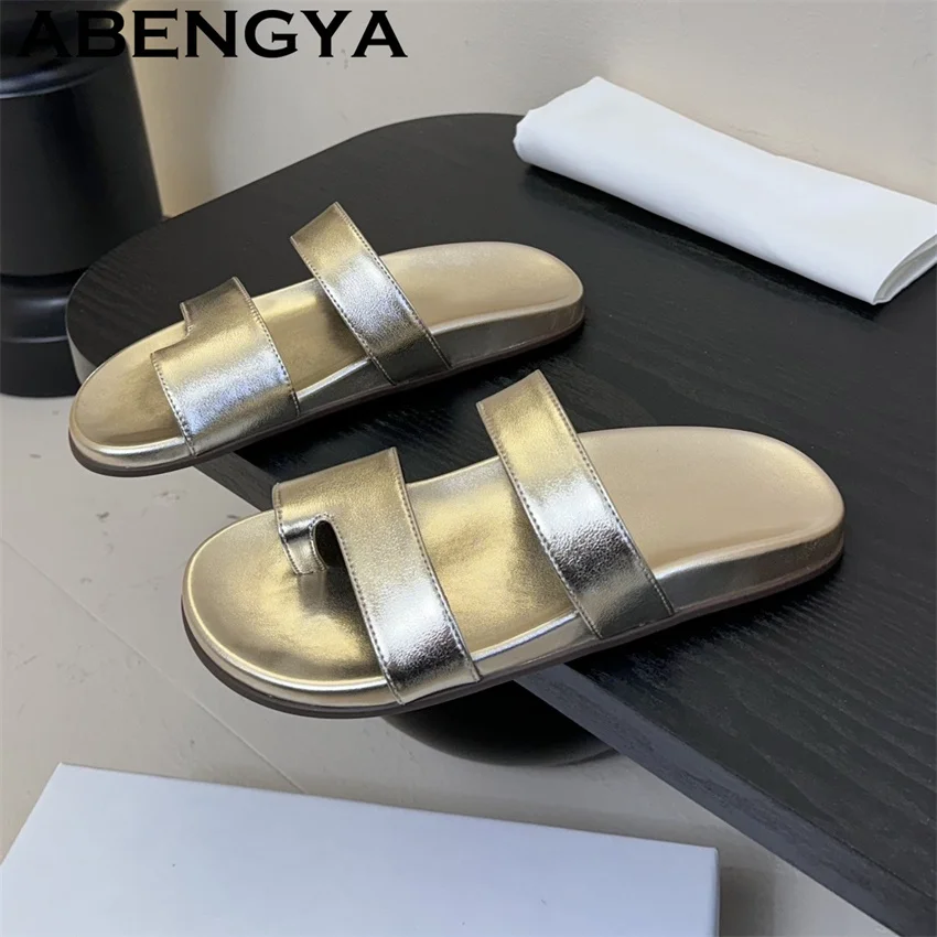 2026 Summer Round Trap Toe Flat Slippers Women Real Leather Thick Bottom Casual Beach Shoes Woman Fashion loafers Mules Slippers