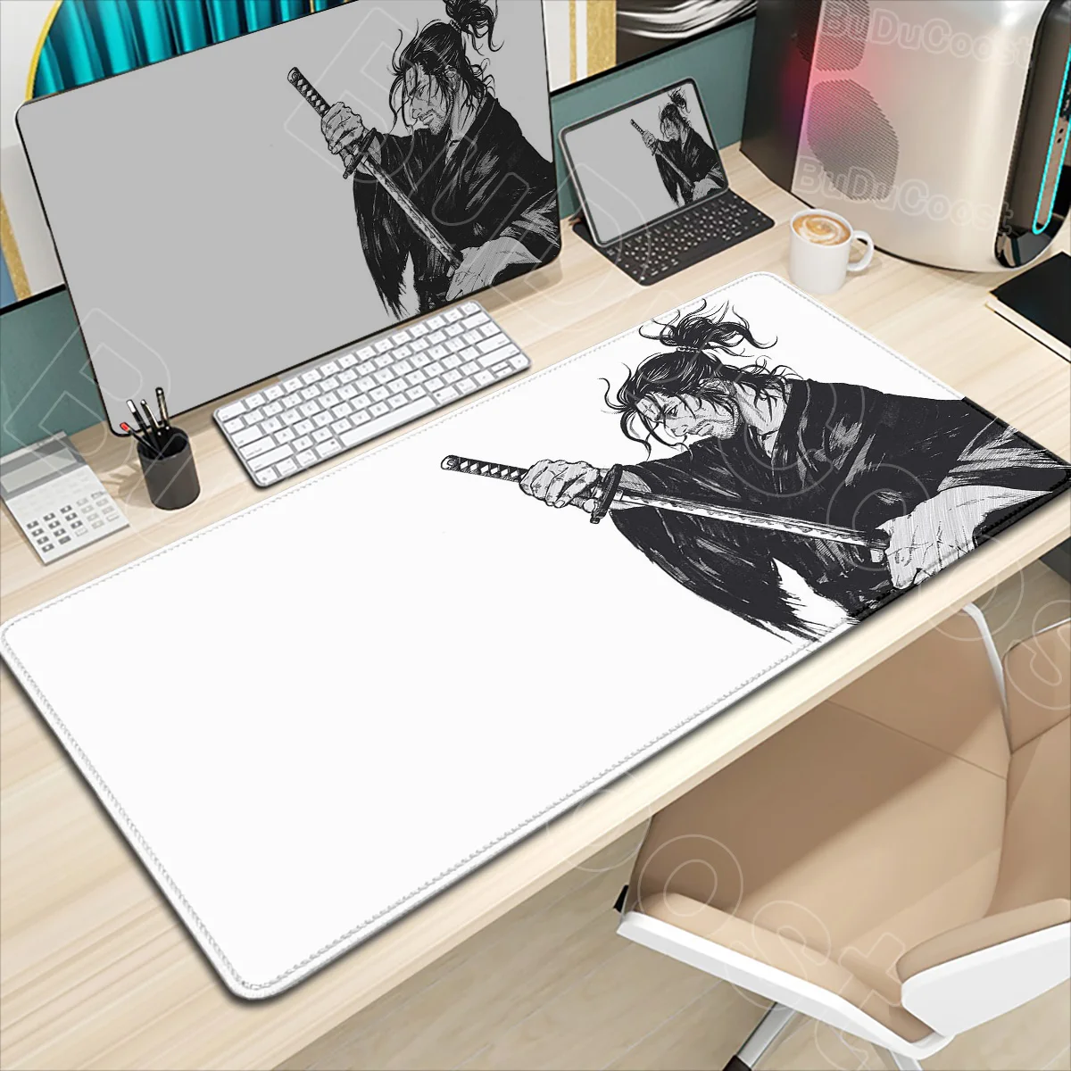 Nowa podkładka pod mysz z nadrukiem HD, motyw Miyamoto Musashi Vagabond Manga, duża, gamingowa, komputerowa XXL, pod klawiaturę i mysz, antypoślizgowa, gumowa podkładka na biurko — zdjęcie produktu 3