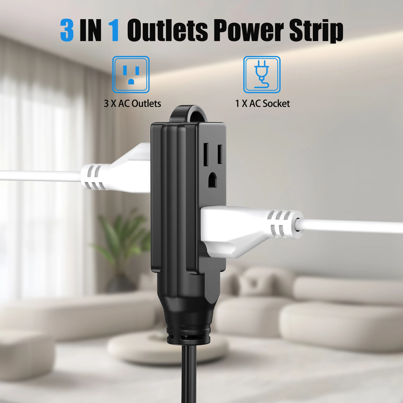 HITRENDS 3-in-1 Power Adapter Extension Cord, 1 to 3 Ports, 1625W High Power, Pure Copper Core, Home and Office Power Strip