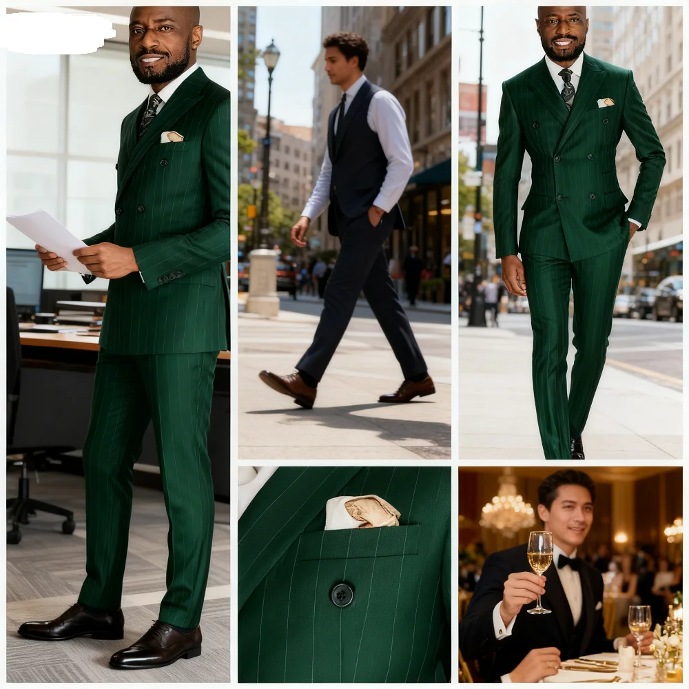 

Azul marinho listrado ternos masculinos fino ajuste pico lapela duplo breasted blazer casamento noivo smoking 2 peça conjunto de