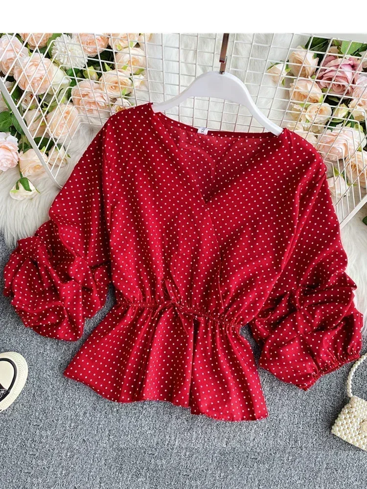 

Spring Summer Women's Blouse New Retro Polka Dot V-neck Lantern Sleeve Tops Korea Thin All-match Ruffled Chiffon Top LL154