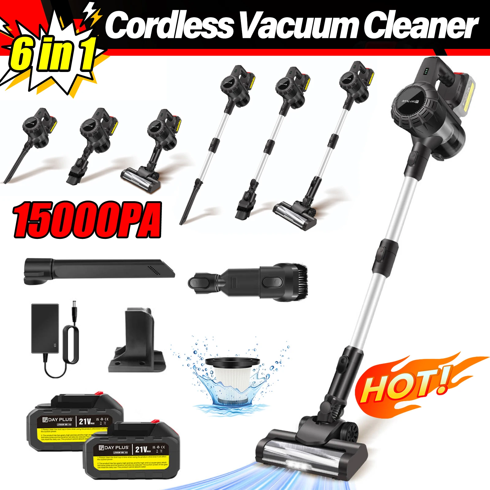 Aspirateur sans fil 3 en 1, aspirateur à manche sans fil 15KPA avec filtre HEPA lavable, mini aspirateur de voiture 21V avec LED, aspiration puissante pour le nettoyage de la voiture, de la maison et des poils d'animaux