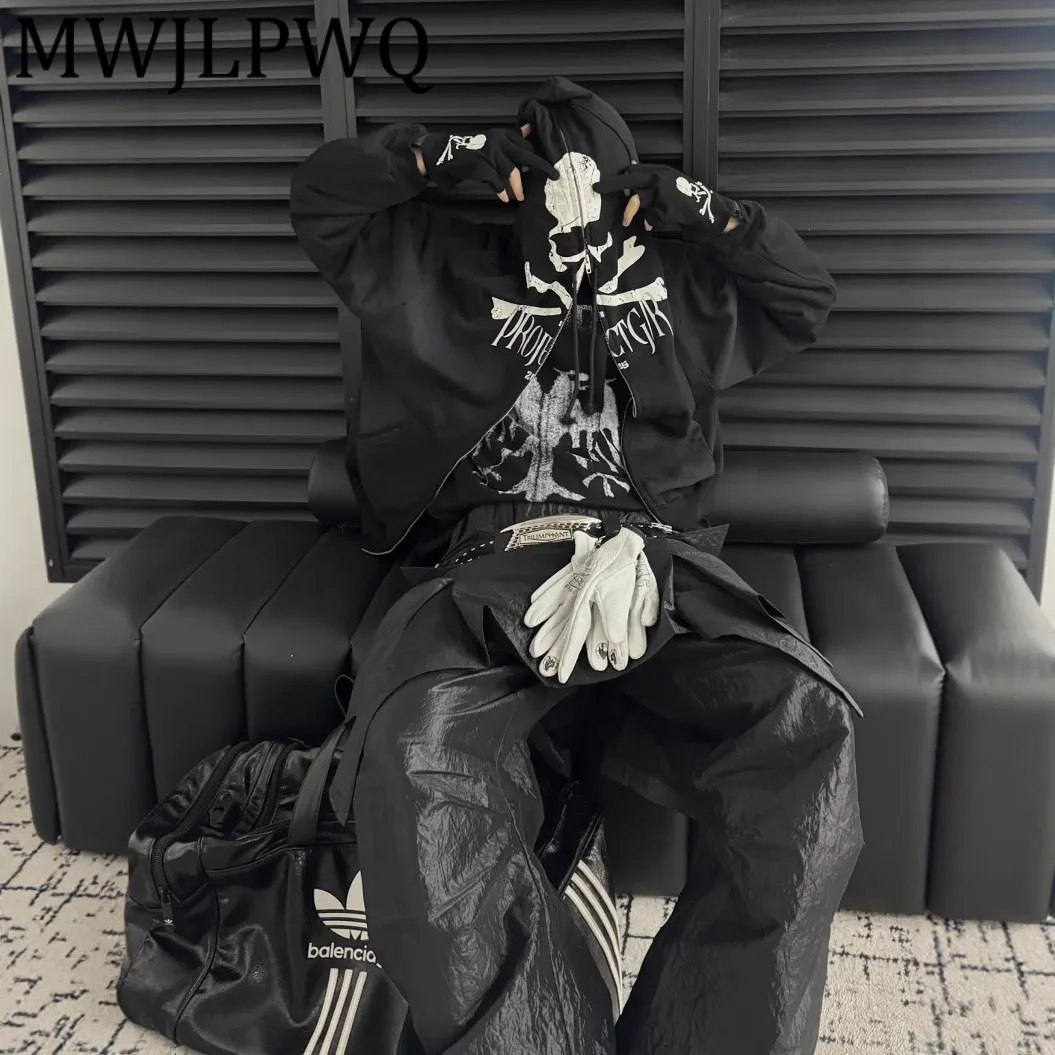 

MWJLPWQ Dark Style Printed Washed Vintage Zipper Hooded Sweatshirt Men's High Street Full Zipper Design Casual Unisex Tops 12422