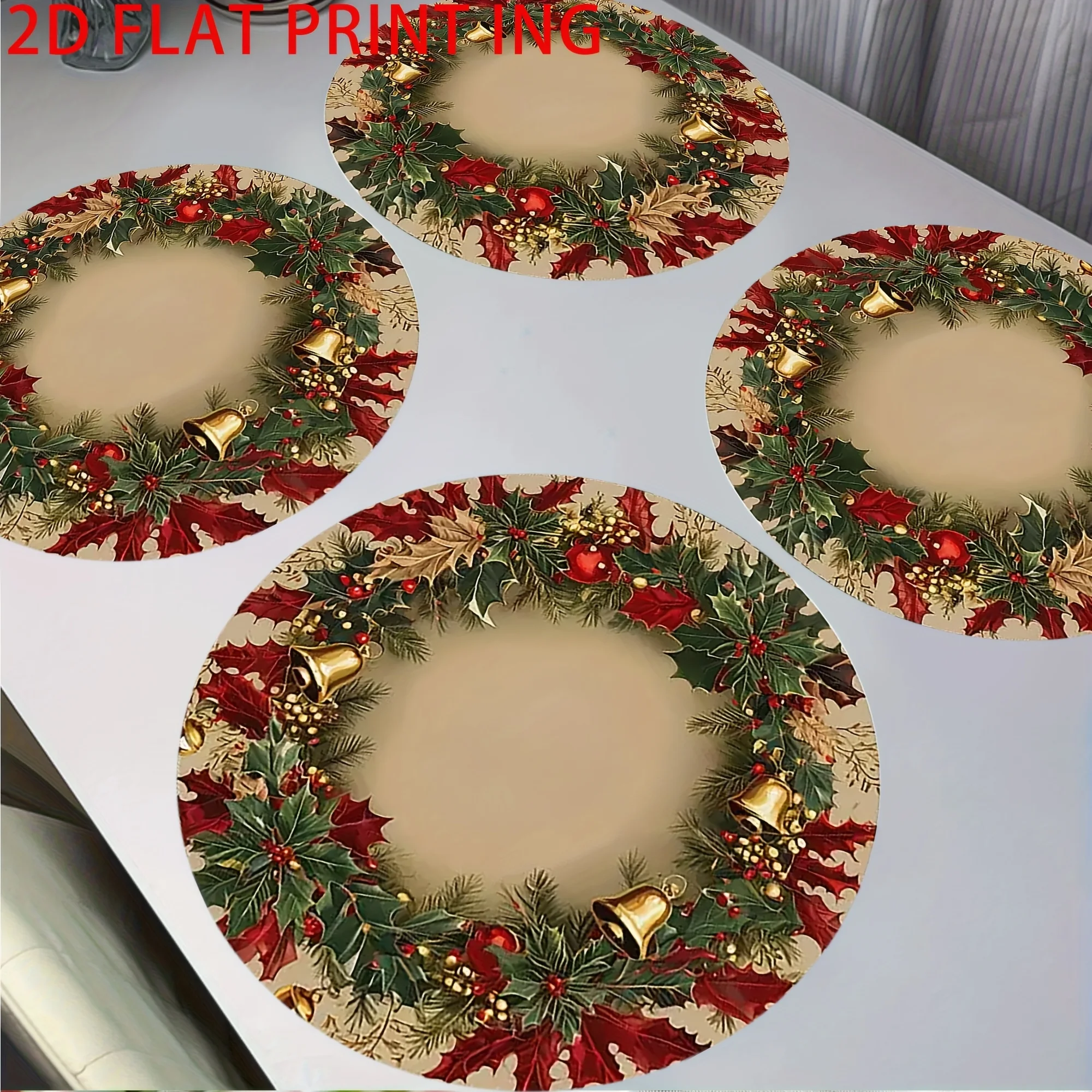 VIKAMA Round Placemats Beige Holly Berry Gold Bell Wreath Round Table Mats Farmhouse Holiday Dining Table Decor Christmas Dinner