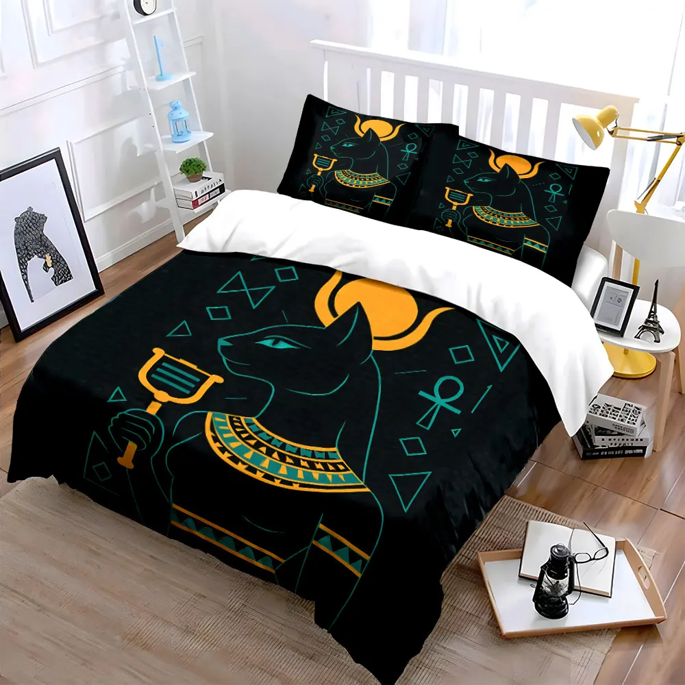 Ancient Egyptian Cat Goddess Illustration Bedding Set for Kids Luxury Gift 3pcs Digital Print Comforter Set Soft Comfortable