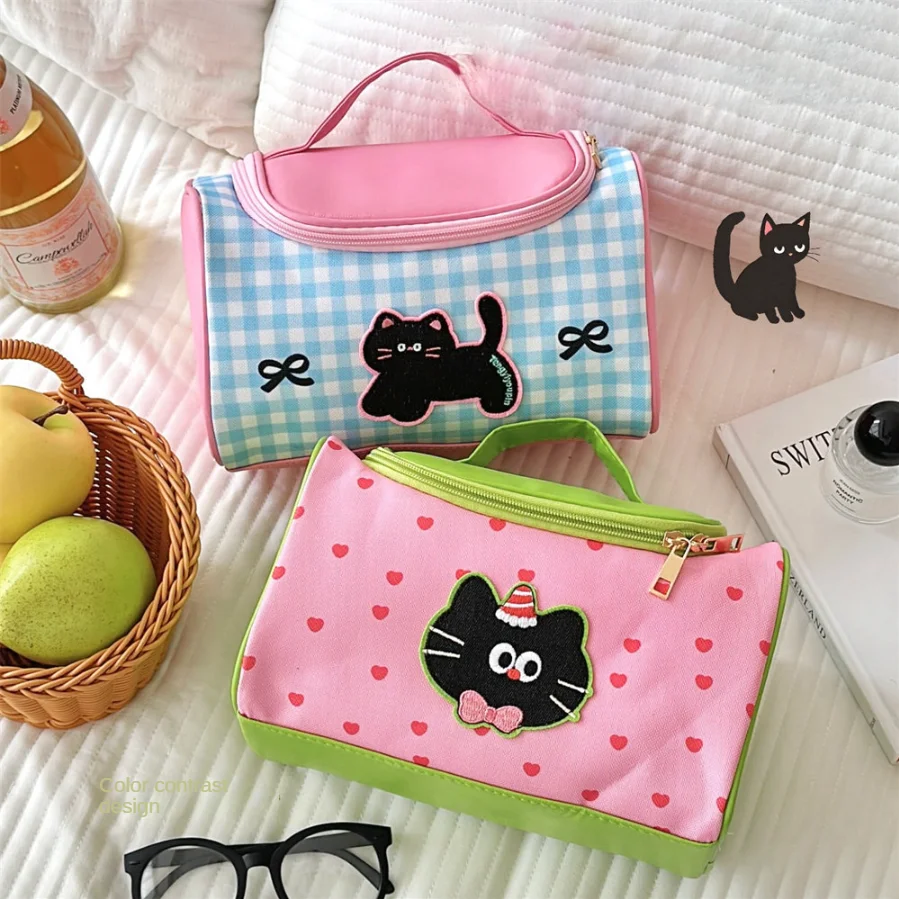 Cute Cartoon Kitten Handheld Makeup Bag for Girls, Portable Large Capacity Makeup Storage Bag