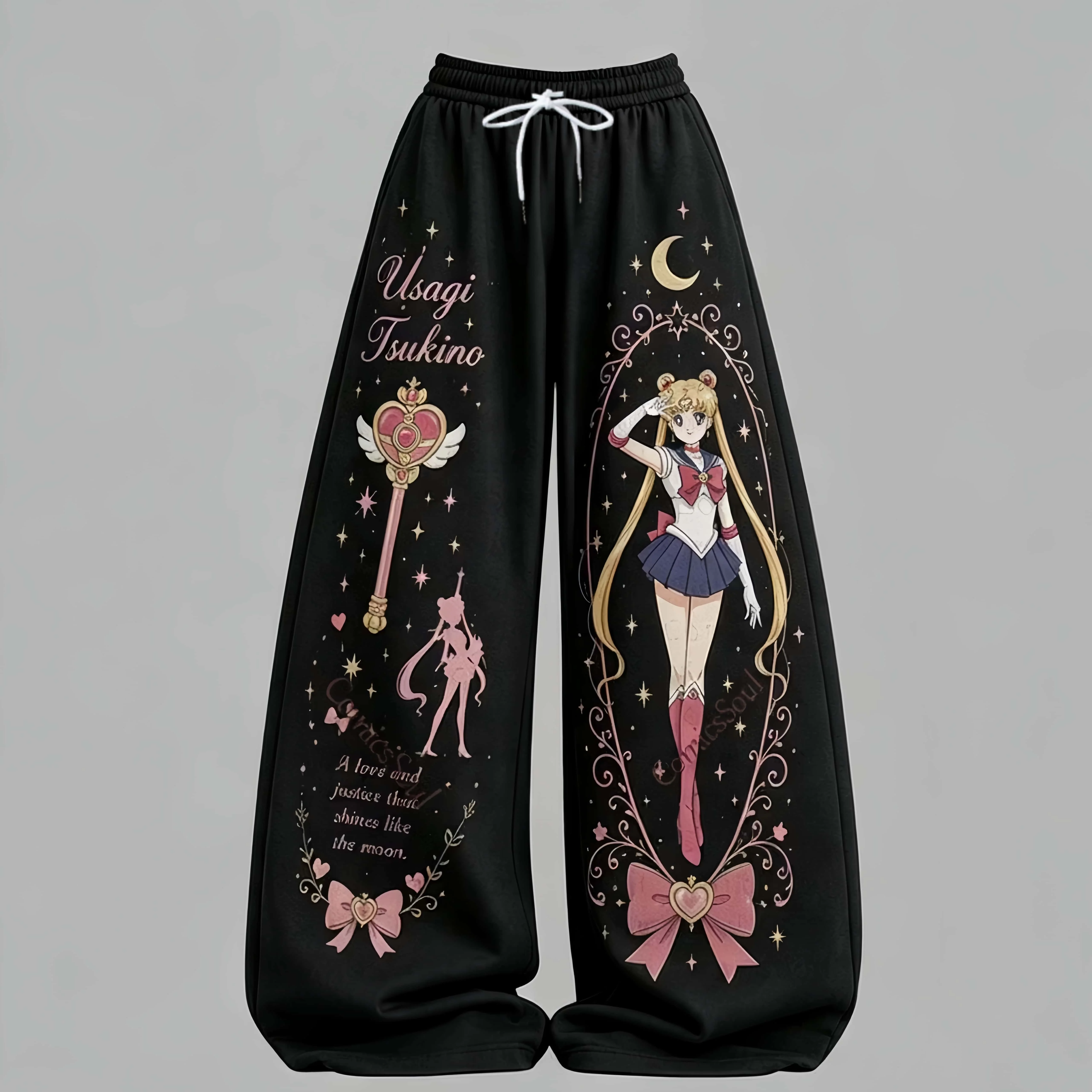 Star Moon Magic Stick Printed Wide Leg Pants Y2K Sweet Cool Drawstring Casual Pants Loose and Versatile Sports Pants