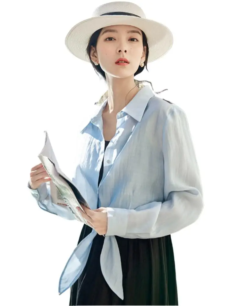 

2024 New Summer Rayon Bottom Lace Up Short cardigan Loose Street Overshirt Women Thin Breathable Long Sleeved Sunscreen Shirt