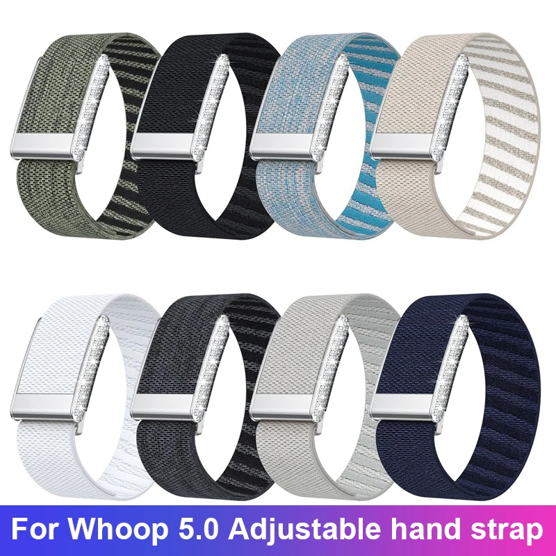 Full Diamond Embedded Nylon Woven Strap For Whoop 5.0 Band Bright Silver U-shape Frame Elastic Casual Wristband Bracelet