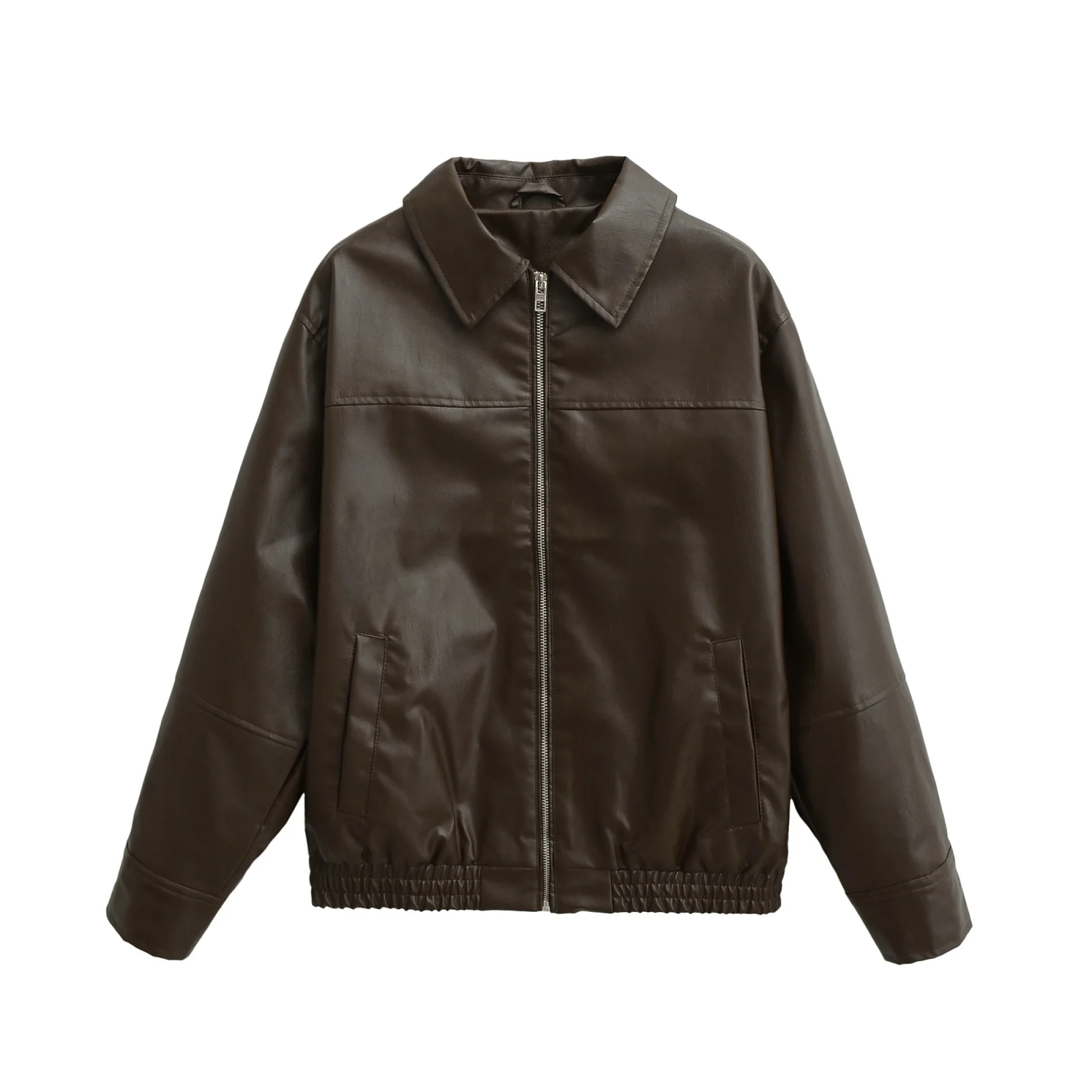 JNLEAOG Autumn New Women's Faion Leather Pilot Jaet Coat PU Material Long Sve Zipper Closure Straight Cut Commuter Sle