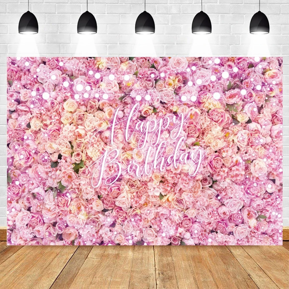 Happy Birthday Flower Wall Photography Backdrop Customized Glitter Pink Red Floral Wedding Bridal Baby Shower Photo Background