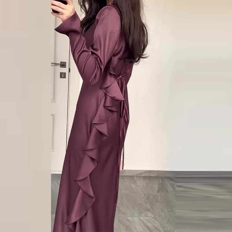 Womens Dresses New 2024 Temperament Commuting Round Neck Long Sleeved Ruffle Edge Sexy Elegant Party Evening Maxi Dress