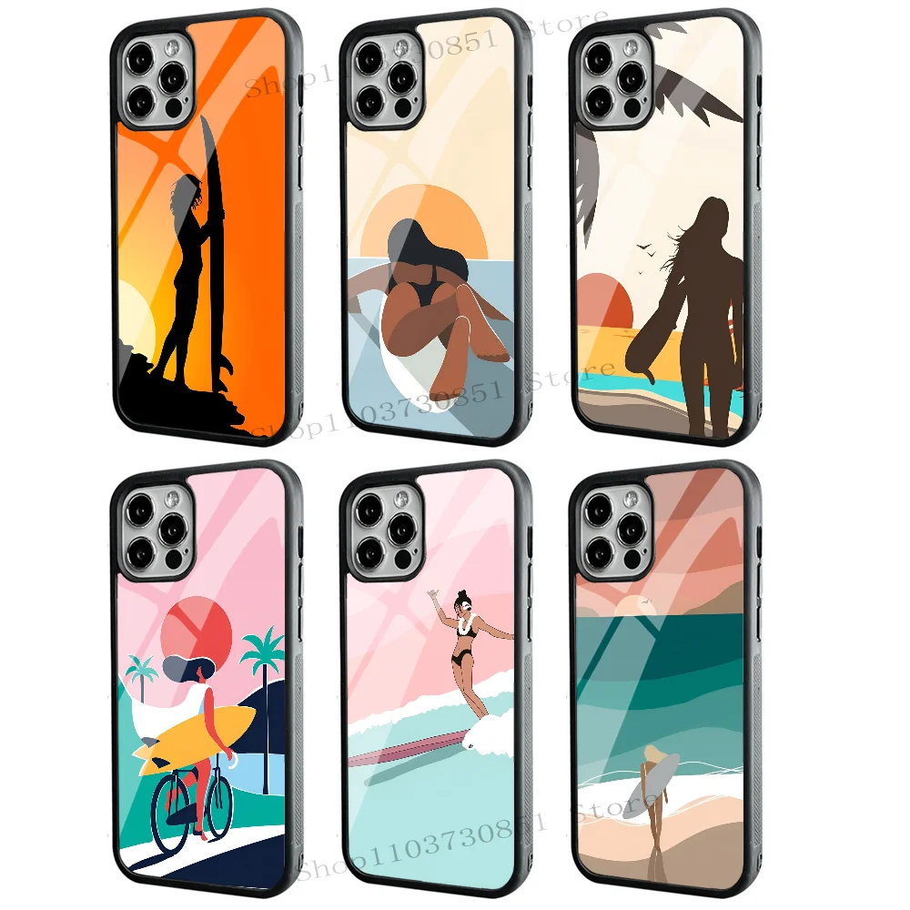 Surfboard Surfing Art Surf Girl Summer Phone Case Strong Magnetic For IPhone 15 14 13 Pro Max 11 12 Mini Alex Mirror For Magsafe