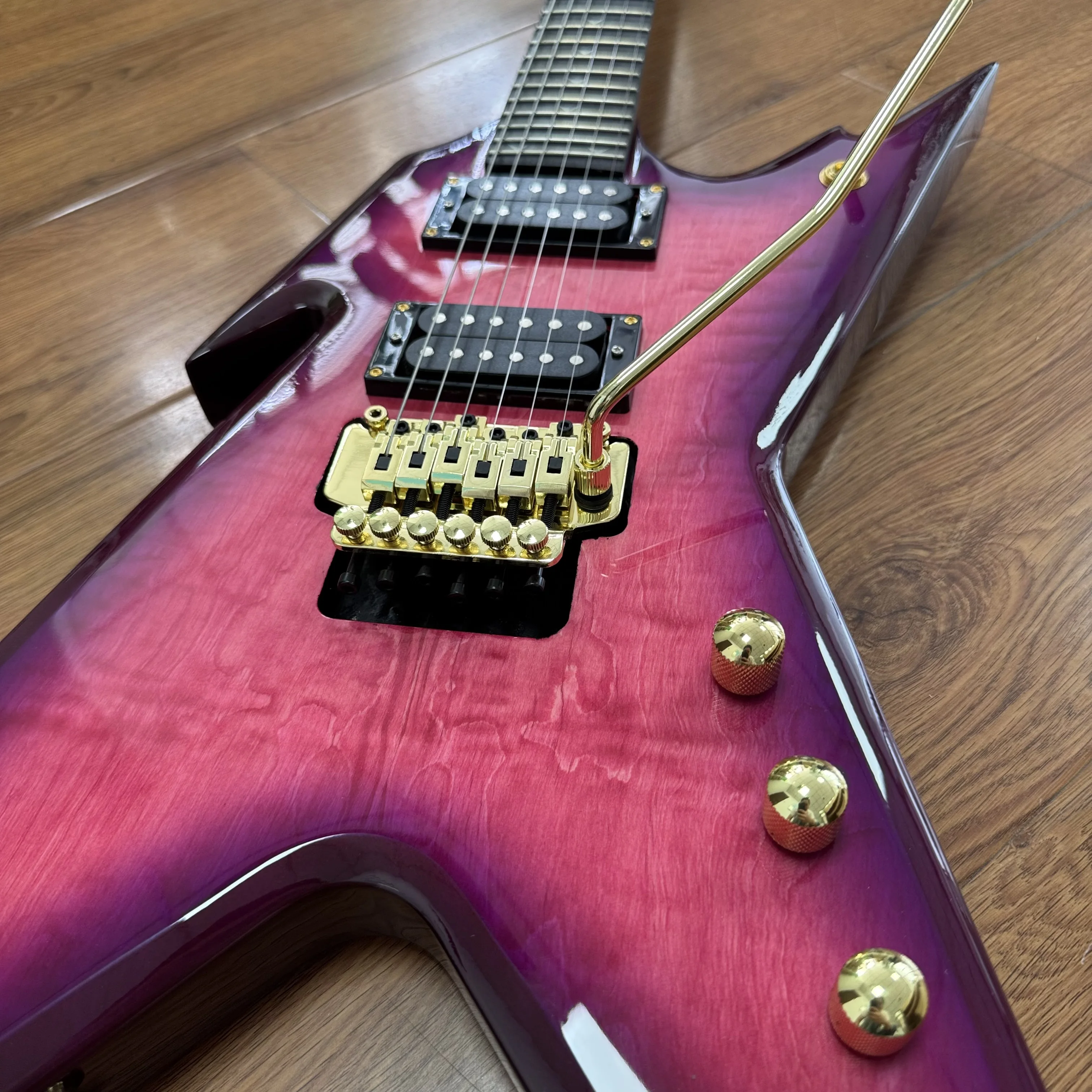 Deambag Electric Guitar with Gradient Purple-Pink Flame Maple Veneer, Two Black Enclosed High-Power Dual Pickups, Golden Double Tuning Pegs, Ebony Fingerboard and White Frets. Available in US Warehouse. Free Shipping. - view 6