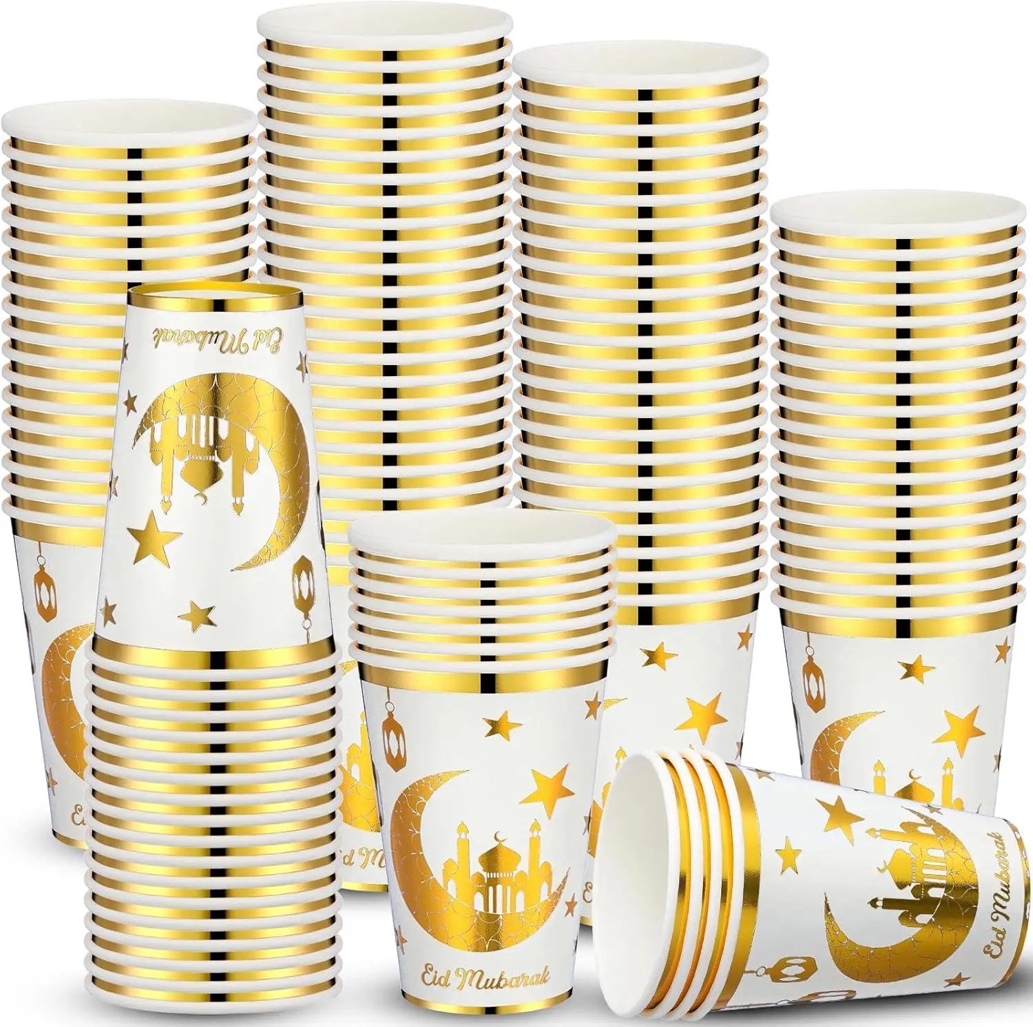 

100 Pack Eid Mubarak Paper Cups Ramadan Muslim Disposable Coffee Cups Bulk Gold Foil Hot Cold Drinking Party Supplies fo