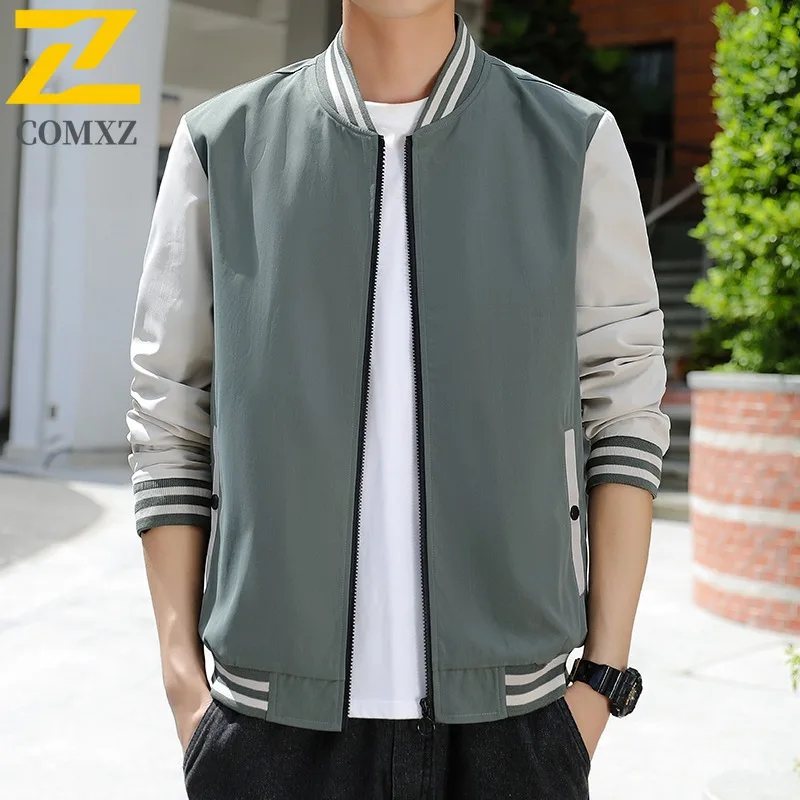 

COMXZ 2025 Mens Baseball Collar Jacket Spring Autumn Casual Loose Fit Coat