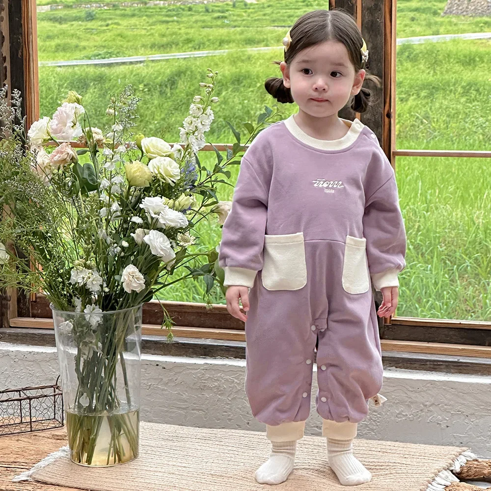 Baby Clothes Simple Big Pocket Romper 0-2 Year Old Baby Cotton Onesie Fashionable Casual Jumpsuit Kids Home Wear Out Wear