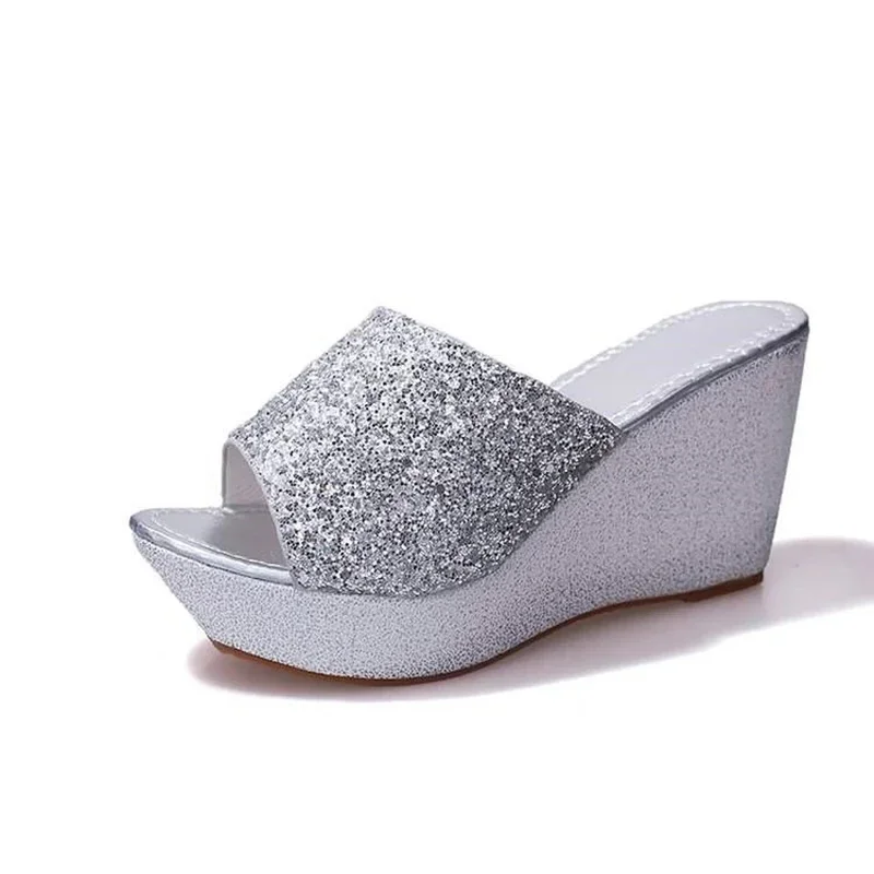 Maogu Women Shoes Slippers Summer Casual Thick Sole Silver Shoe Mules High Heels Sandals Bling Sequine Platform Wedge Slides