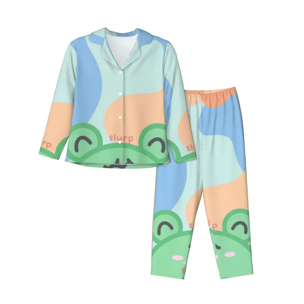 

Cute Frog Women's Pajamas Set Button Down Pajama 2 Piece Suit Pyjama Femme Nightwear Loungewear