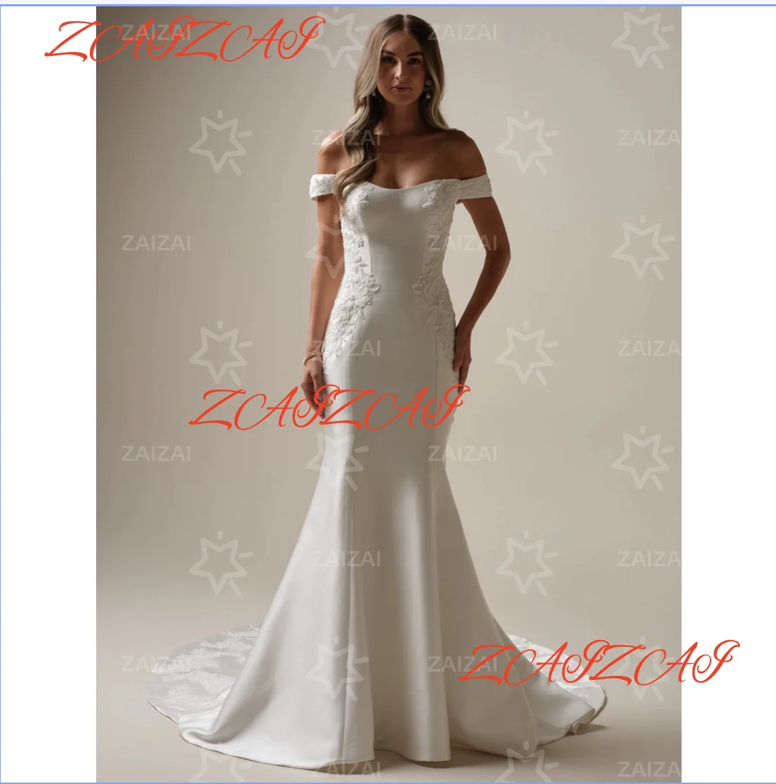 

Customized Roycebridal Elegant Satin Lace Applique Mermaid Wedding Dress Off The Shoulder Court Train Bridal Gowns Vestidos