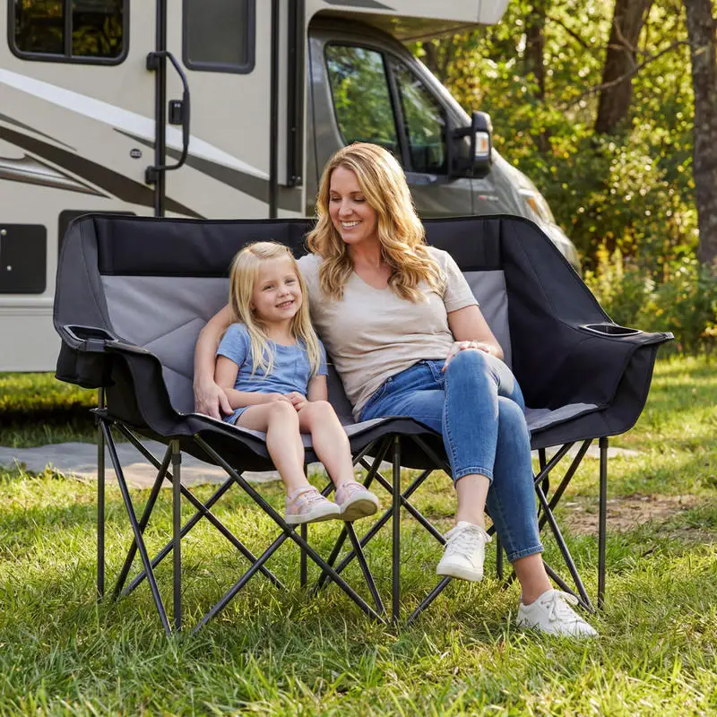 

Double Camping Chair with Cup Holders Glass Racks and Mesh Pockets-DarkGray