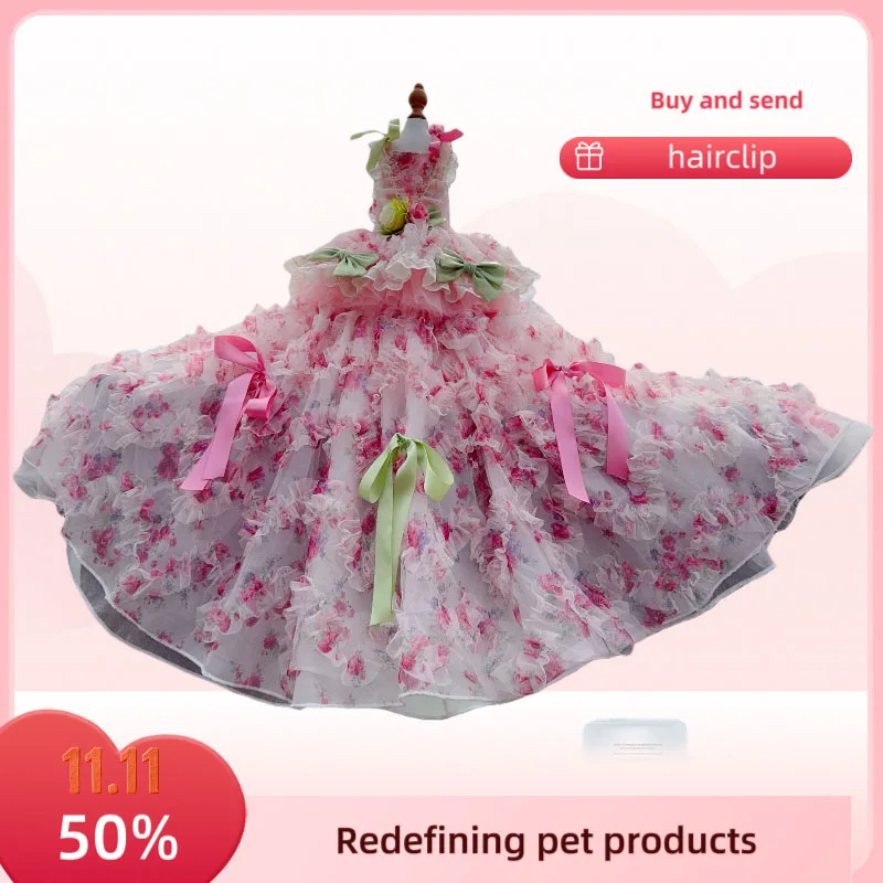 

Pet dog clothes Christmas gown floral Lolita dress with layered tulle ruffles bow handmadewear Costume for dog cat formal dress