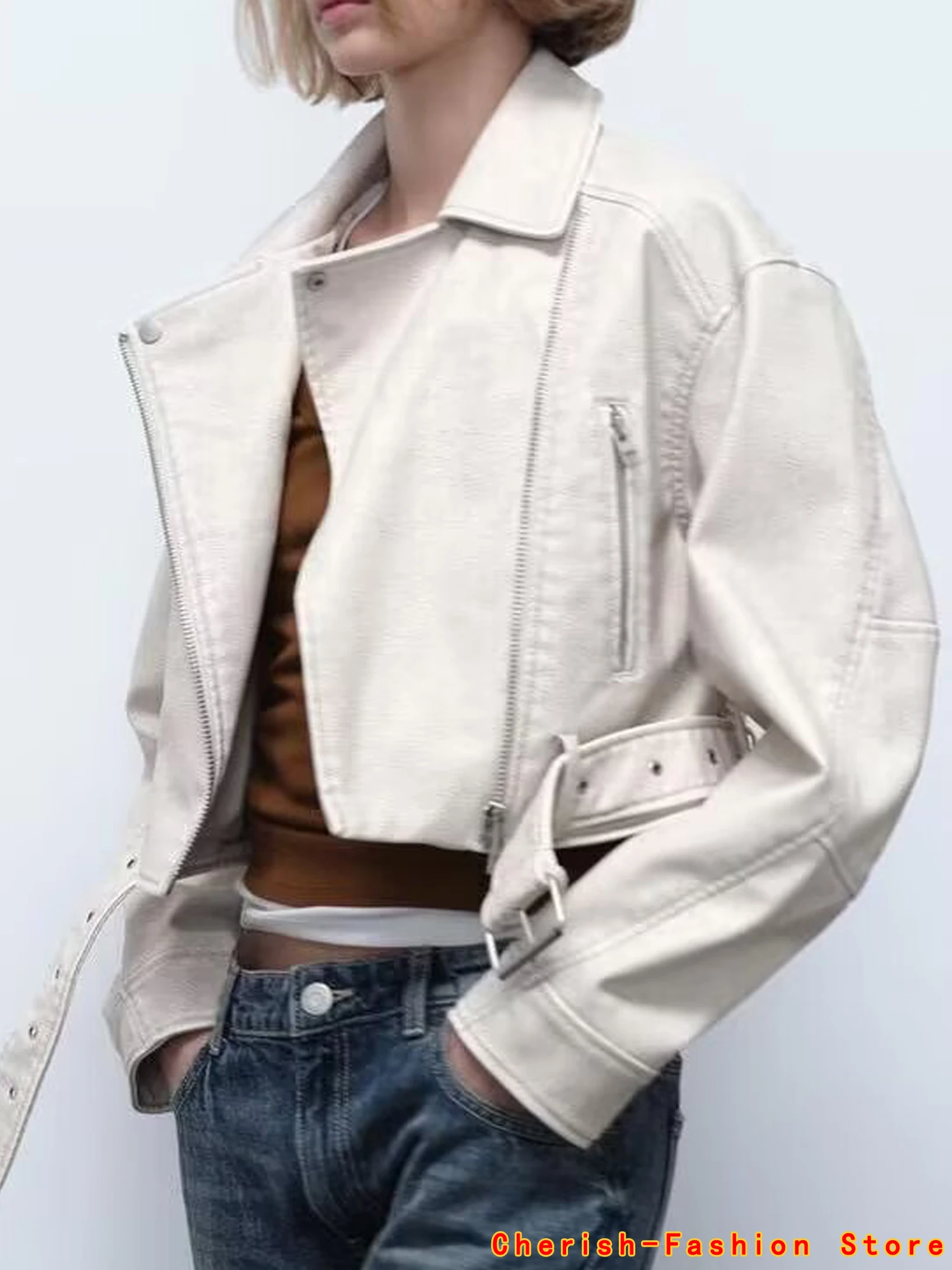 Lente Herfst Vrouwen Mode Casual Zilveren Korte Kunstleer Jas Streetwear Vrouwelijke Rits Riem Losse Jas Uitloper Merk Jas