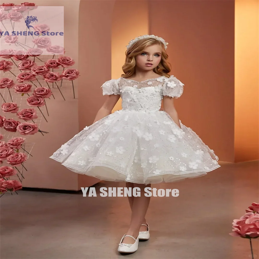 White Applique Flower Girl Dress For Wedding Shiny Tulle Knee Length Sequins Kids Birthday Party First Communion Ball Gowns