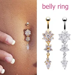 2023 New Fashion Sexy Piercing Navel Nail Body Jewelry Flower Pendant Crystal Belly Button Rings for Women Girls Accessories
