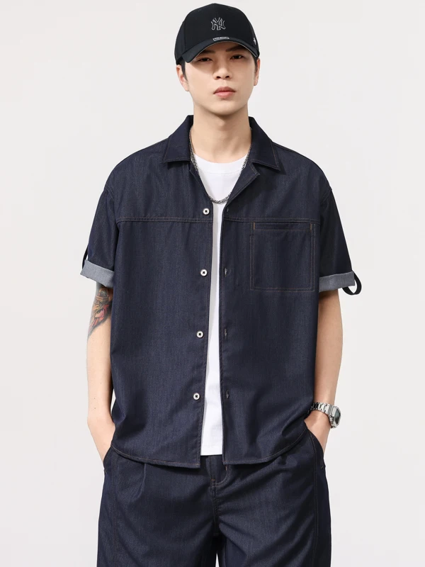 

Classic American Cuban Collar Color Block Stitching Design Short Sleeve Denim Shirt Men's Summer Trendy Loose Fit Polyester B...