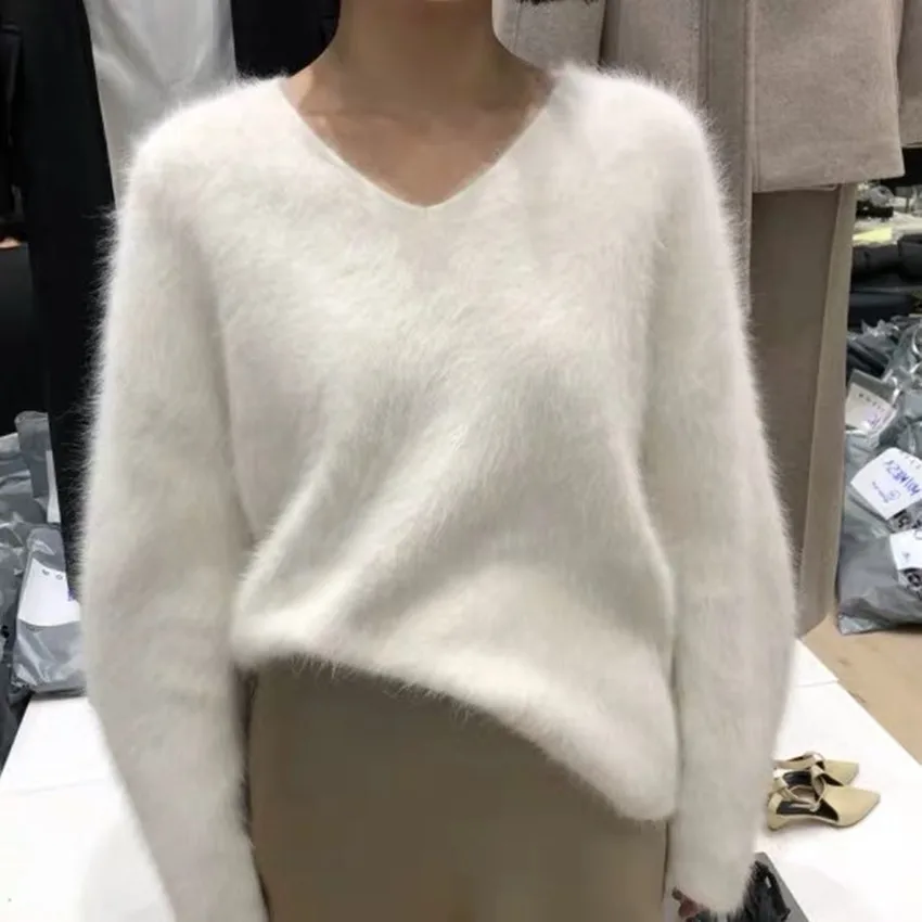 

New Winter Autumn White Mohair Knitted Thick Soft Sweaters V Neck Women Imitation Mink Loose Casual Warm Pullover Jumper