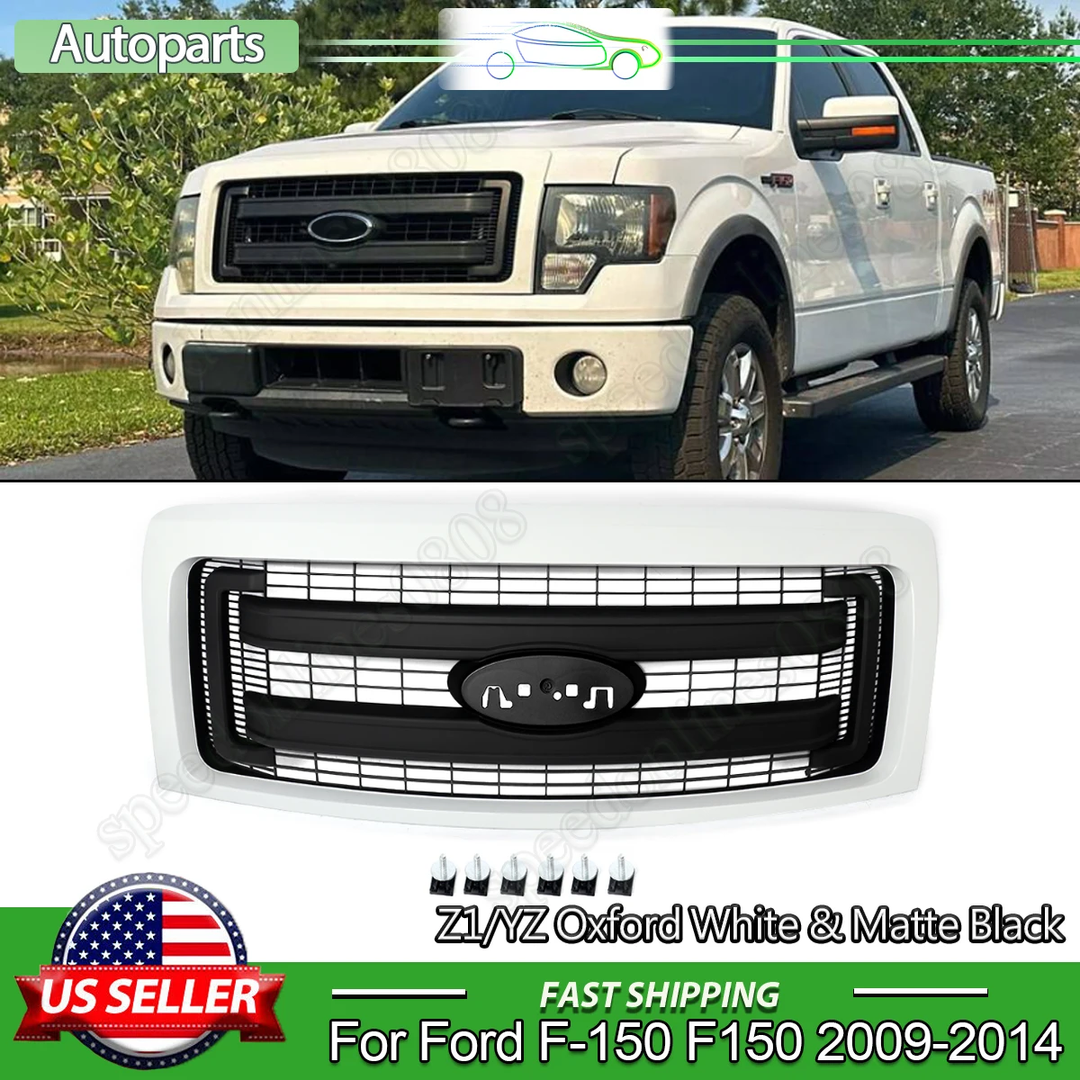 

For Ford F150 2009 2020 2021 2012 2013 2014 Oxford White Front Grille w/ Black Mesh Front Bumper Upper Grille Air Inlet Grille