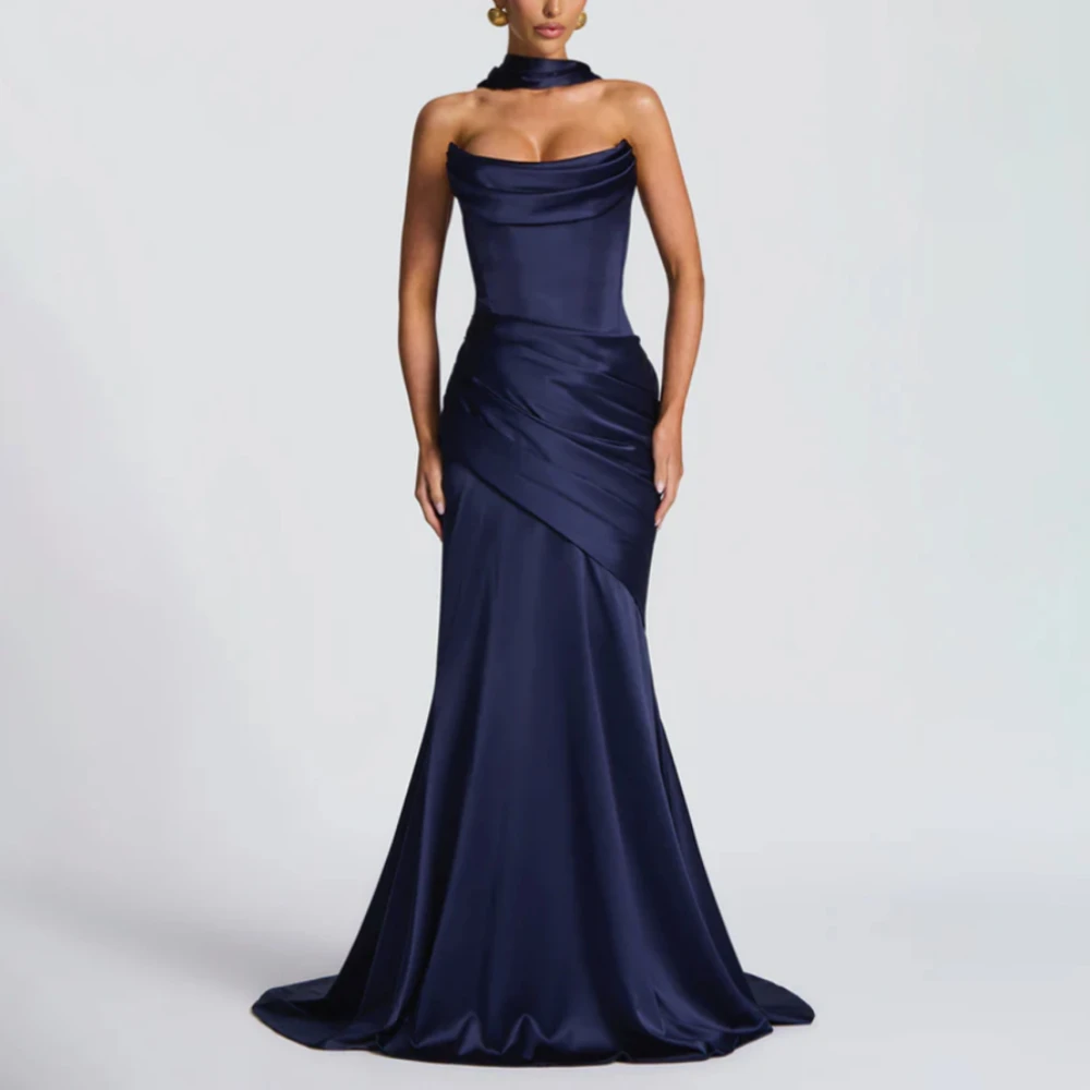 

Navy Wedding Guest Dress Strapless Satin Mermaid Formal Party Gowns for Women 2025 Back Lace-up Corset Evening Dress Customized