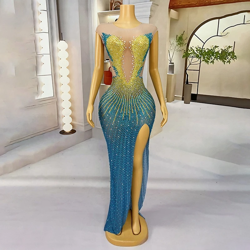 

Niche Light Luxury Ocean Blue Temperament Side Split Mermaid Performance Clothes Miss Universe Chooses Beautiful Birthday Dress