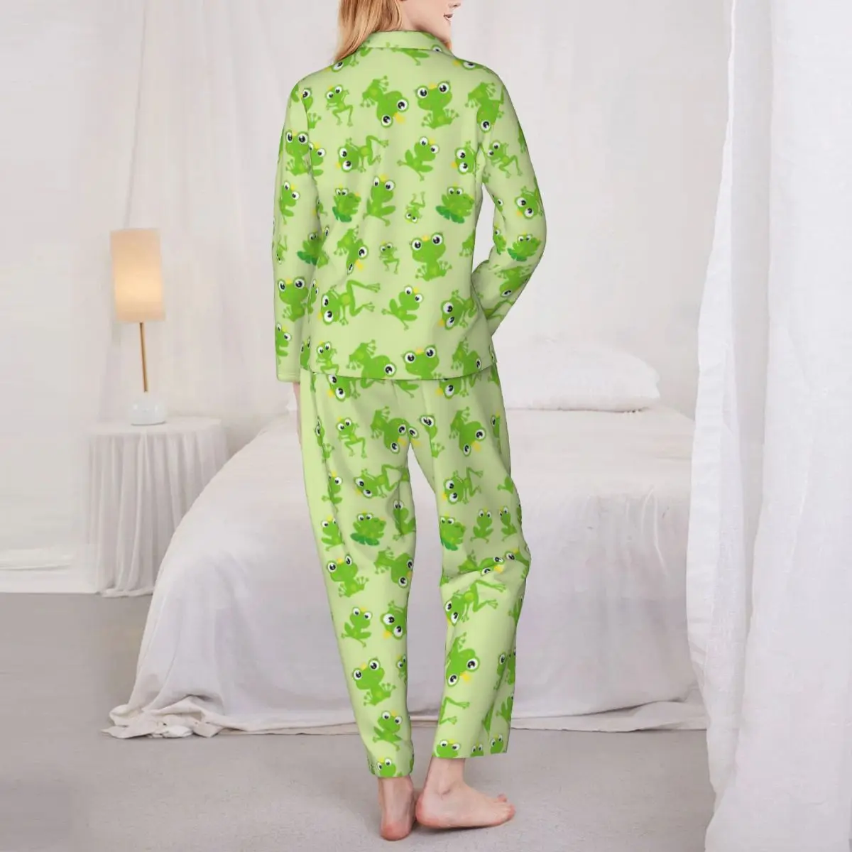 Pajamas Women Cute Frog Leisure Sleepwear Green Animal Print 2 Pieces Casual Pajama Set Long Sleeves Warm Oversize Home Suit