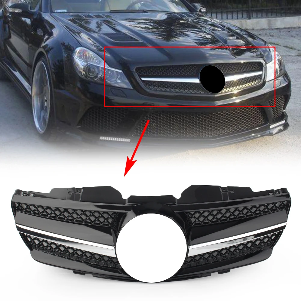 Car Front Bumper Grille 1 Fin Racing Mesh Grill w/ emblem For Mercedes Benz SL500 SL600 SL550 SL-Class R230 2003 2004 2005 2006