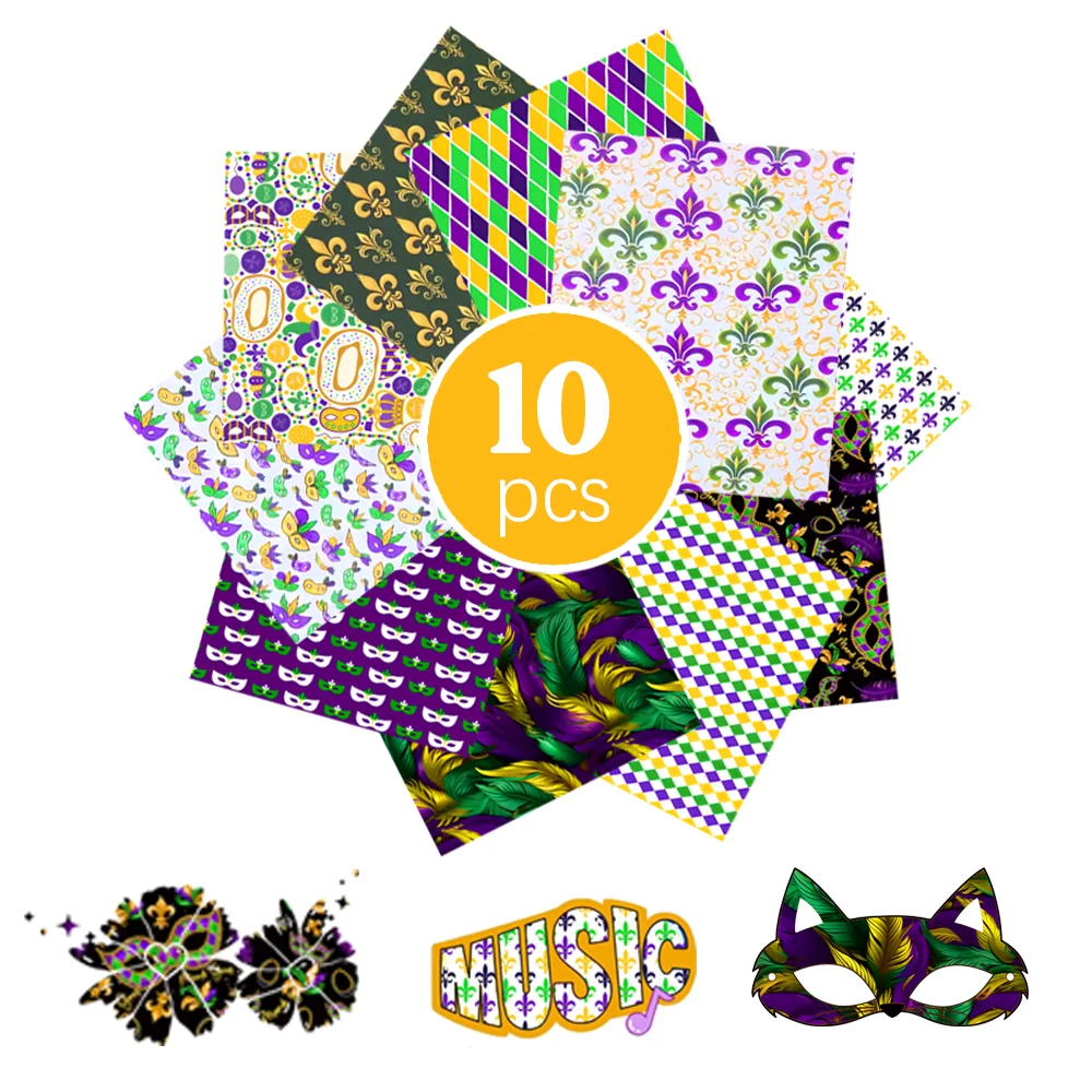 10 hojas de vinilo con transferencia térmica temática de Mardi Gras, 12 x 9,8 pulgadas, mezcladas con elementos de Mardi Gras como máscaras, flor - de