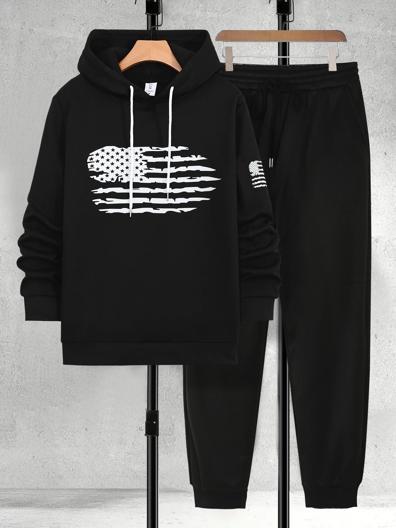 남성용 블랙 후디 세트 트렌디 플래그 스매시 프린트 캐주얼 조거 데일리 투피스 수트 스트리트웨어 편안하고 통기성 좋은 의류