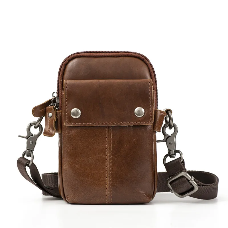 0716 0715 Men's Waist Bag, Mobile Phone Bag, Oil Wax Leather Retro Large Capacity Outdoor Crossbody Backpack