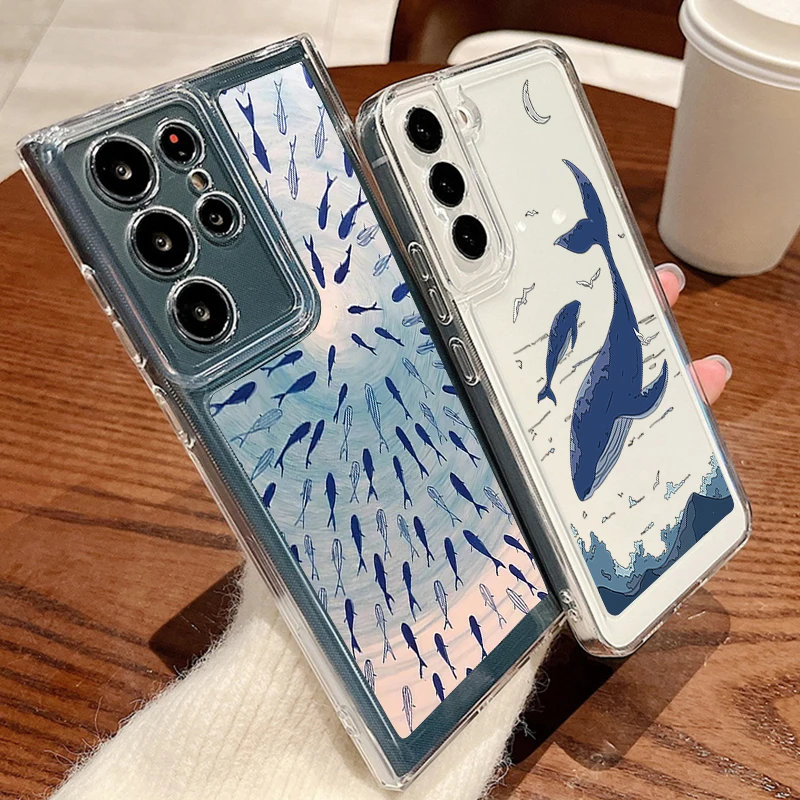 Clear Phone Case For Samsung Galaxy A17 A56 A16 A15 A55 A54 A36 S25 Edge S23 S22 Ultra Plus S24 FE Ocean Shark Whale Soft Cover