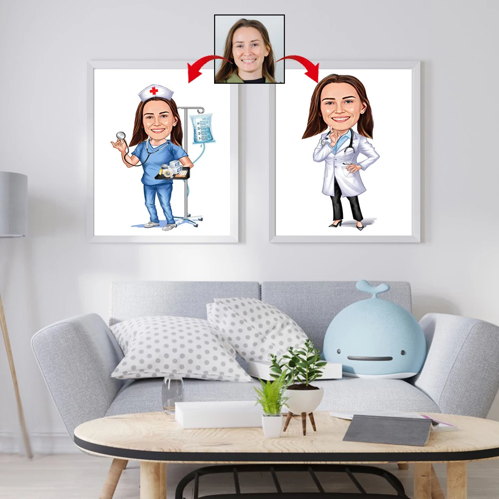 Customized Canvas Portrait Medical Profession Caricature Cartoon Funny Doctor Portrait Poster Unique Doctor Cartoon Drawing