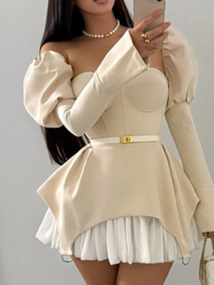 

Sexy Off Shoulder High Waist Ruffles Short Dress Fashion Puff Sleeve Slim Mini Dress Elegant Spliced Color Blocked Party Dresses