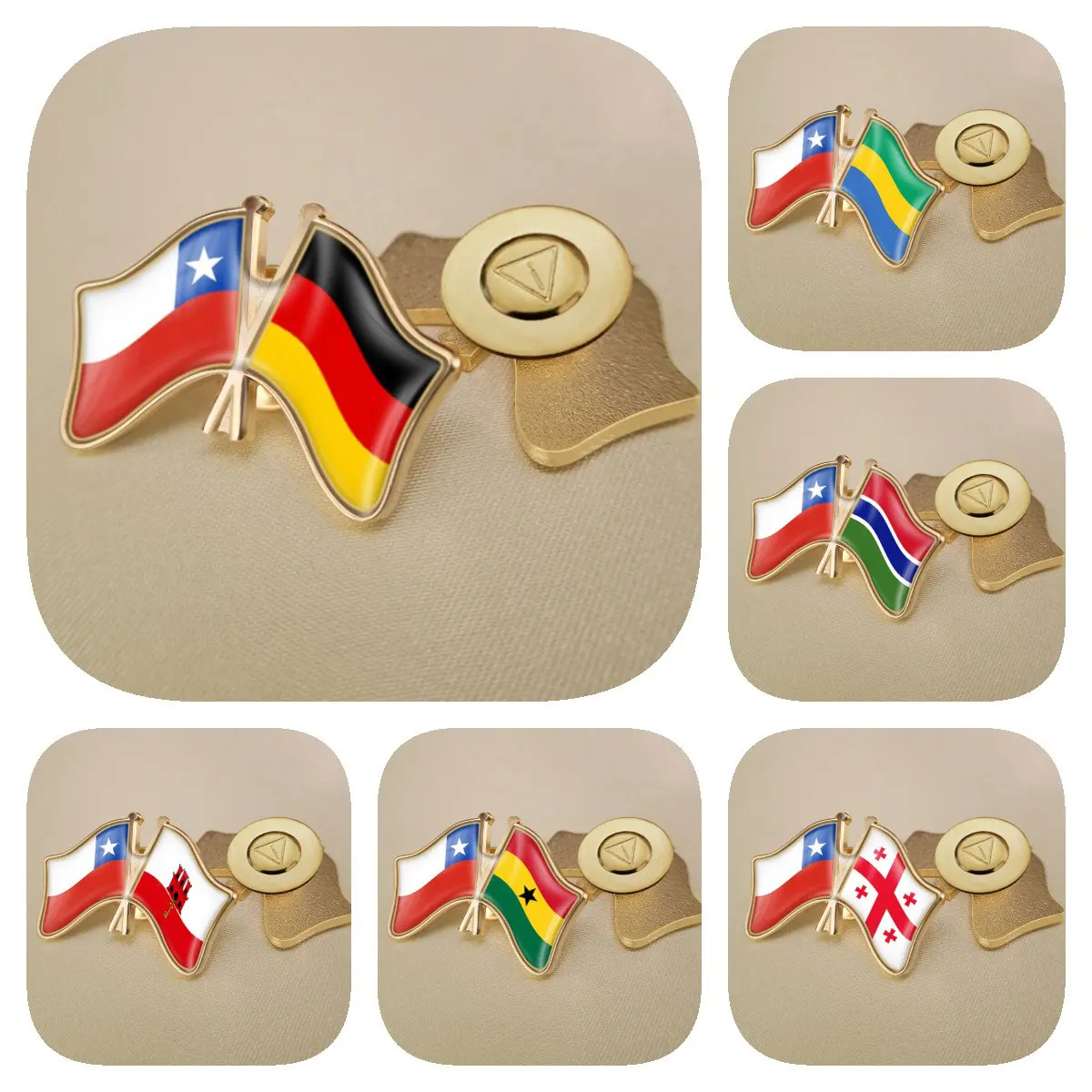 Chile and Gabon Gambia Georgia Germany Ghana Gibraltar Double Crossed Friendship Brooches Flags Lapel Pins Badges