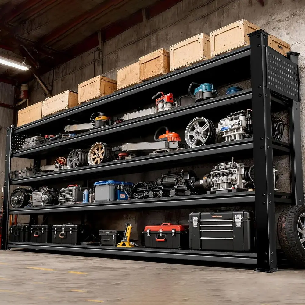 

Прочная металлическая гаражная полка на 5 уровней, выдерживающая нагрузку до 5000 фунтов, 72x24x48 дюймов, с боковой панелью и крючками.