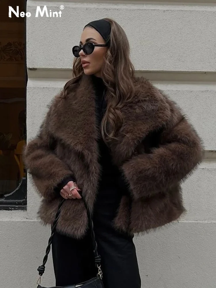 

Neo Mint Gradient Пушистая шуба из искусственного меха Женская уличная роскошная куртка с большим меховым воротником из эко-лисичьего меха INS Свободные стильные пальто