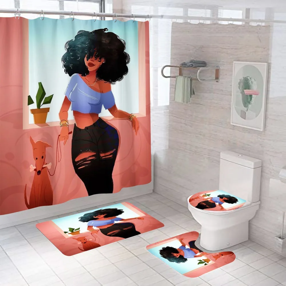 4pcs/Set Bathroom Mat Set Anti-Slip African Girl Series Waterproof Shower Curtain Polyester Cloth Floor Mat Washable Toilet Mat