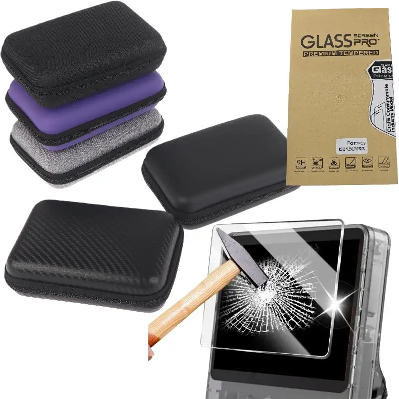 【1 Set EVA-Tasche und Folien, Aufbewahrungstasche mit Displayschutzfolien aus gehärtetem Glas für R36S-Spielkonsolenschutz】