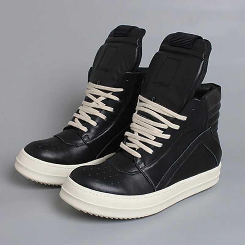 2024 RRICOWEES Autumn Winter Luxury Men Shoes High Top Shoes Black White Inverted Triangle Shoes Cowhide Thick Sole Couple