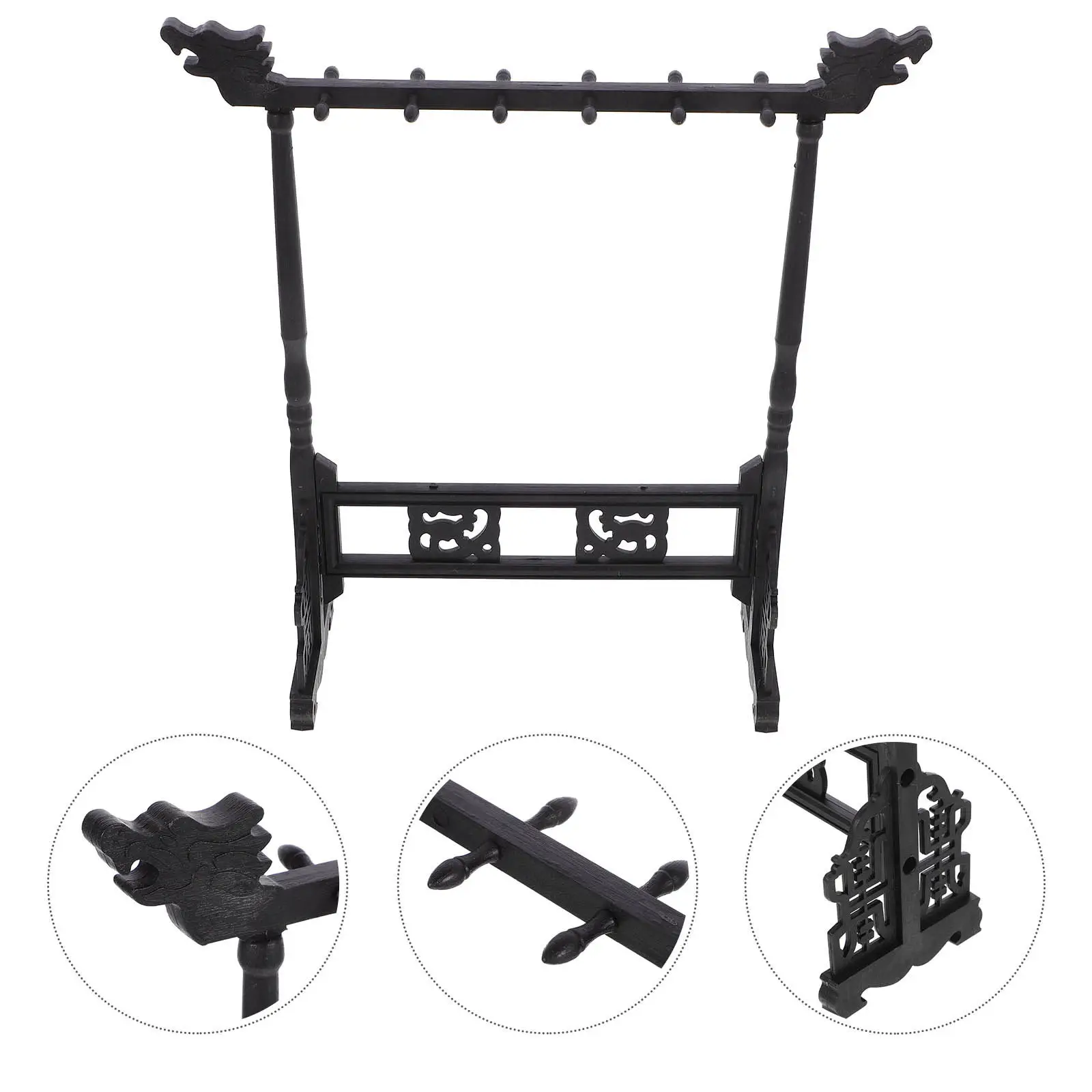 Vintage Style Calligraphy Brush Rack, 12-Peg Resin Dragon Head Brush Hanger,Imitation Chicken Wing Wood Brush Holder for Chinese