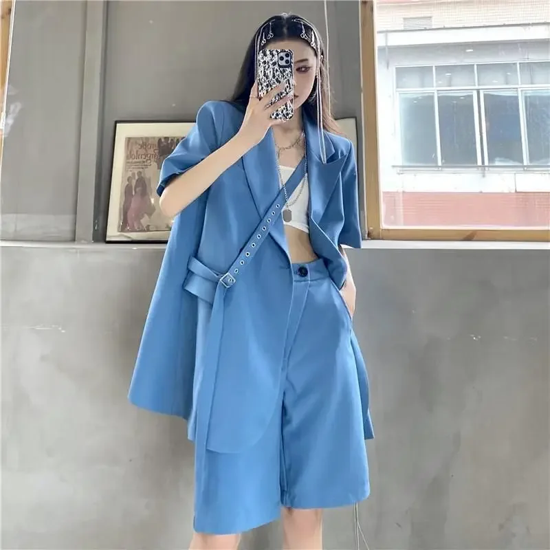 Blazer Suits for Women Summer Trend Thin Shorts Set Street Short Sleeve Suit Jacket and Casual Shorts Fashion Two Piece Sets Y2k